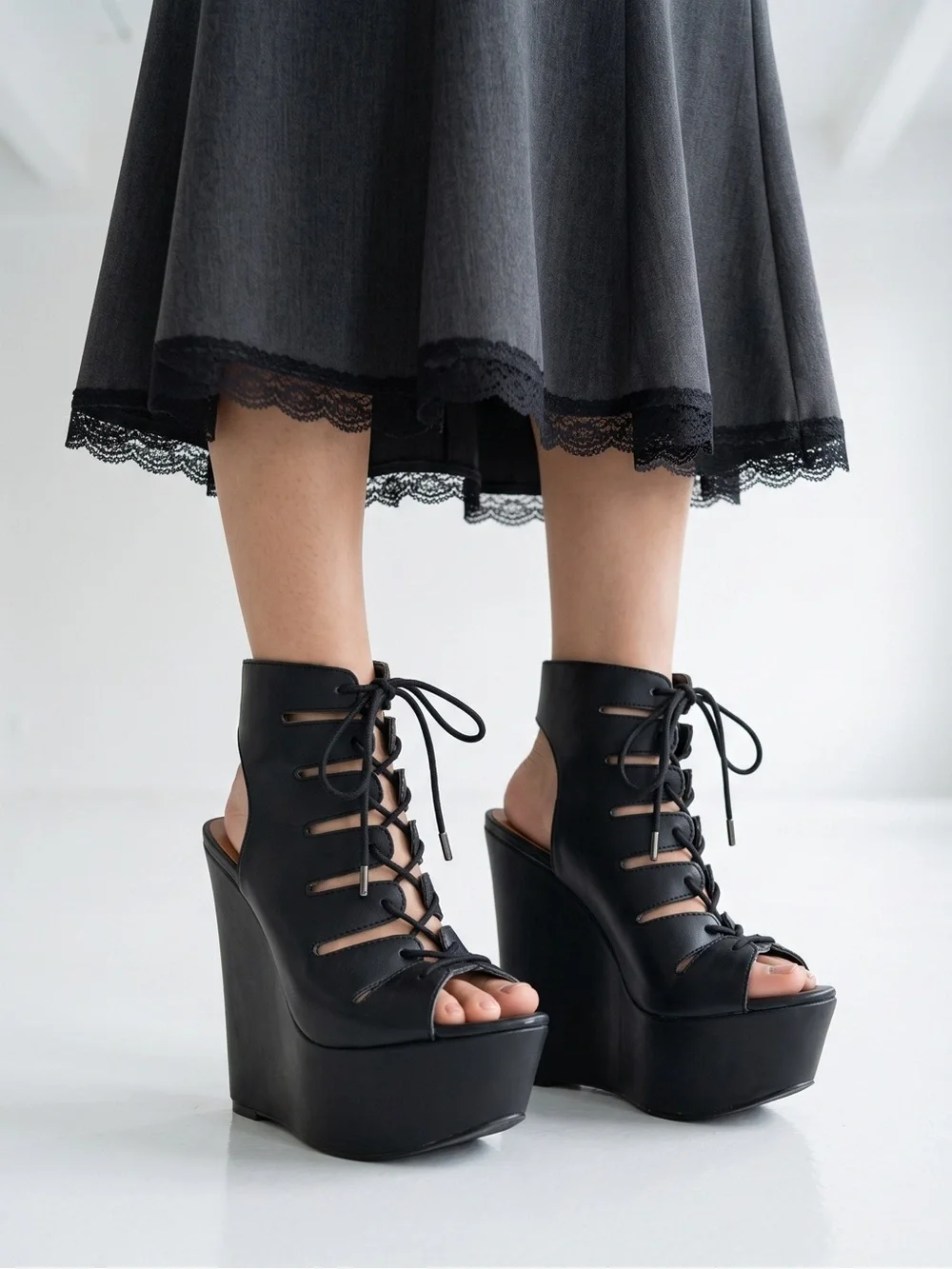 NASTY GAL Black Lace Up Gladiator Platform Wedge Boots Whimsigoth Punk Bold Sz 6